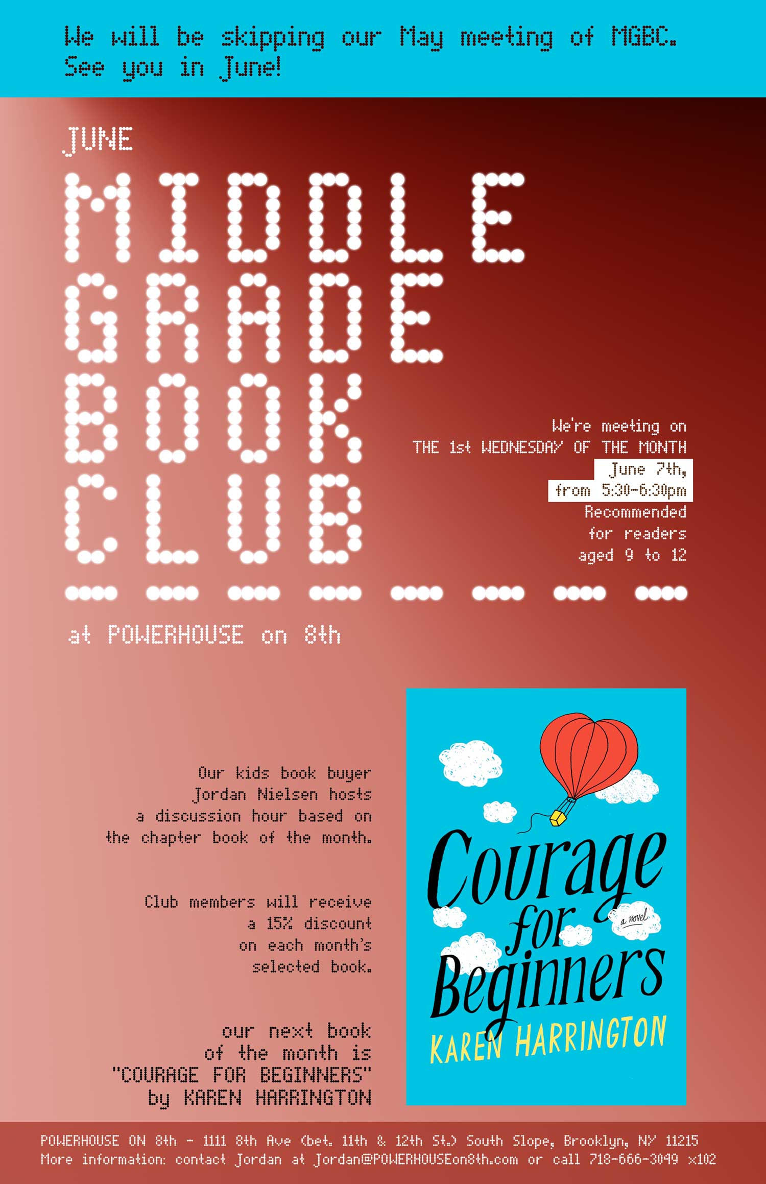 NEW DATE: Middle Grade Book Club: Courage for Beginners by Karen Harrington